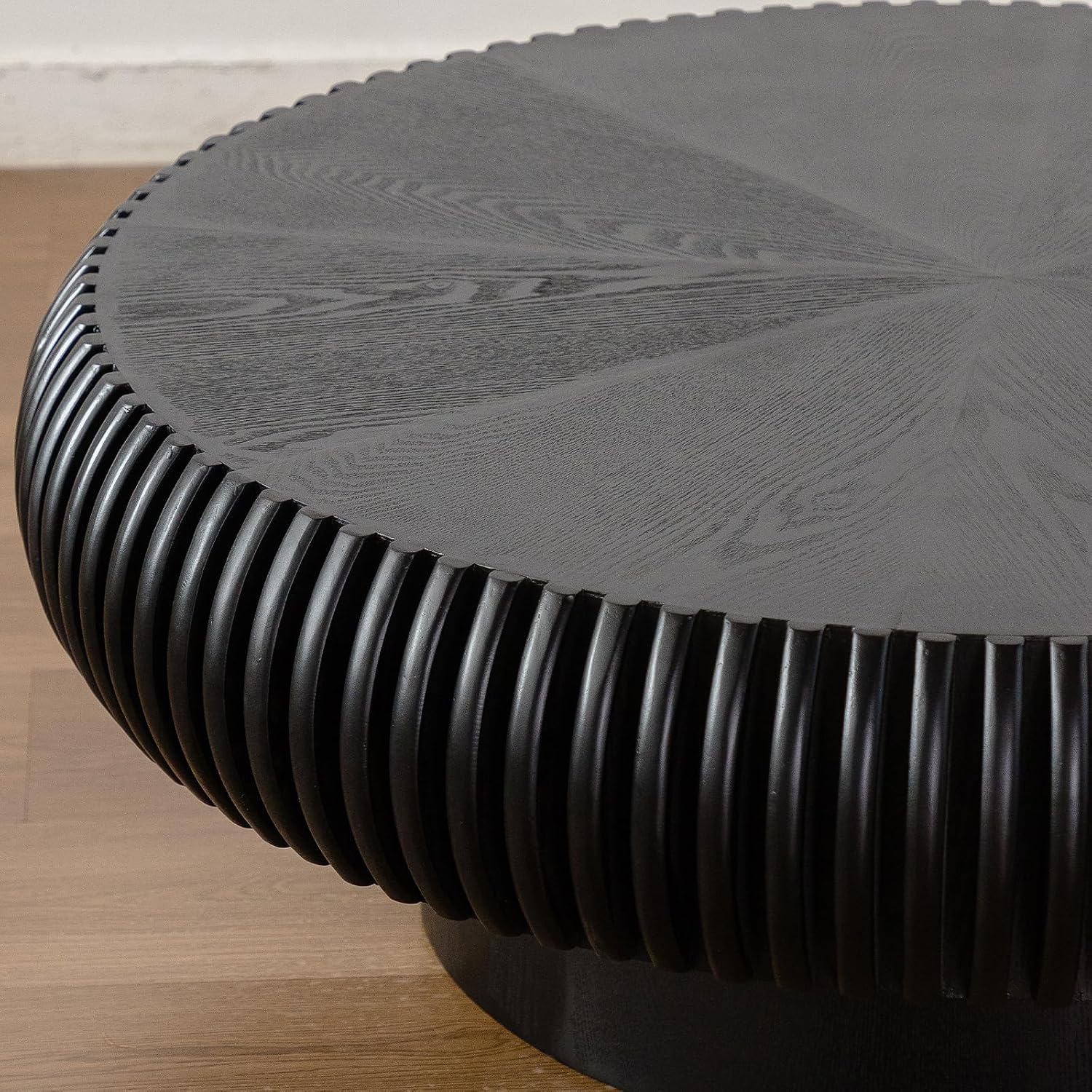 Round Coffee Table for Living Room Modern Black Fluted Coffee Table Round Drum Coffee Tables Low Circle Pedestal Center Table for Small Spaces (A Black, 39.3 in)