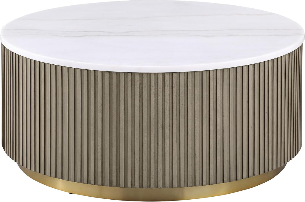 Coaster Home Furnishings - Jason - Wood and Metal - Coffee Table with Reeded Drum Base, Gold Ring Accent, and Round Shape - Living Room - 35-Inch - Greige and White Marble - 711418