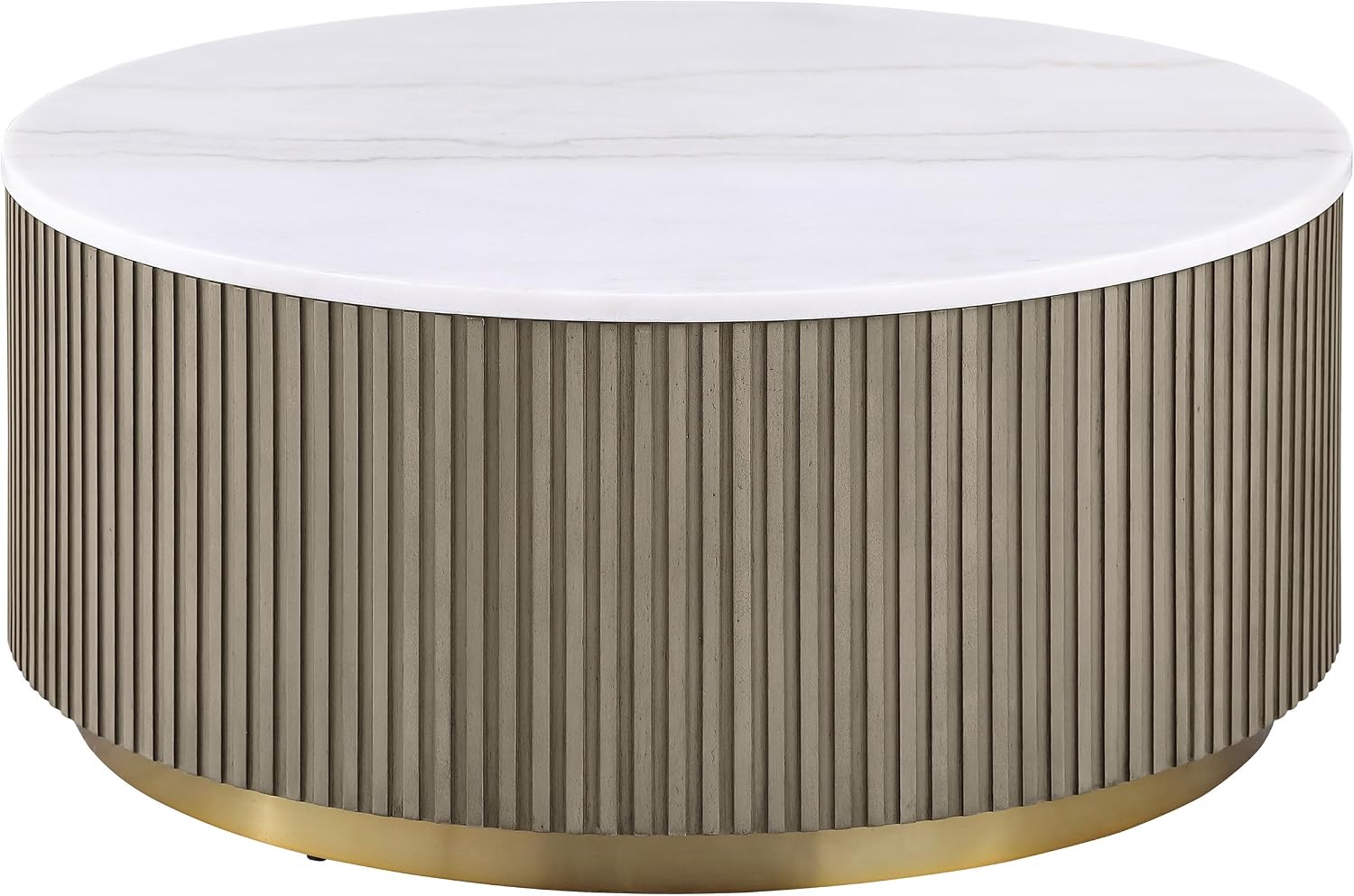 Coaster Home Furnishings - Jason - Wood and Metal - Coffee Table with Reeded Drum Base, Gold Ring Accent, and Round Shape - Living Room - 35-Inch - Greige and White Marble - 711418