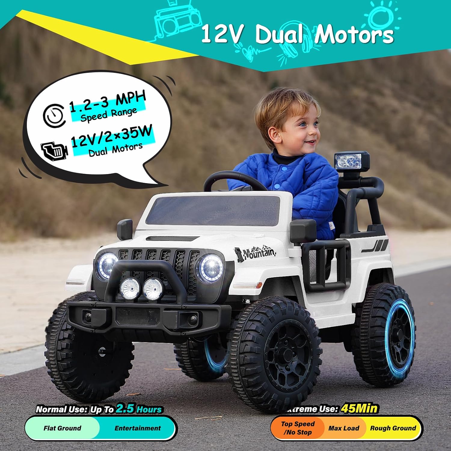 Joywhale 12V Kids Ride on Truck Battery Powered Motorized Car Electric Vehicle for Kids, with Remote Control, 4-Wheel Suspension, LED Lights, Music & FM, Seat Belt, Portable Handle, White