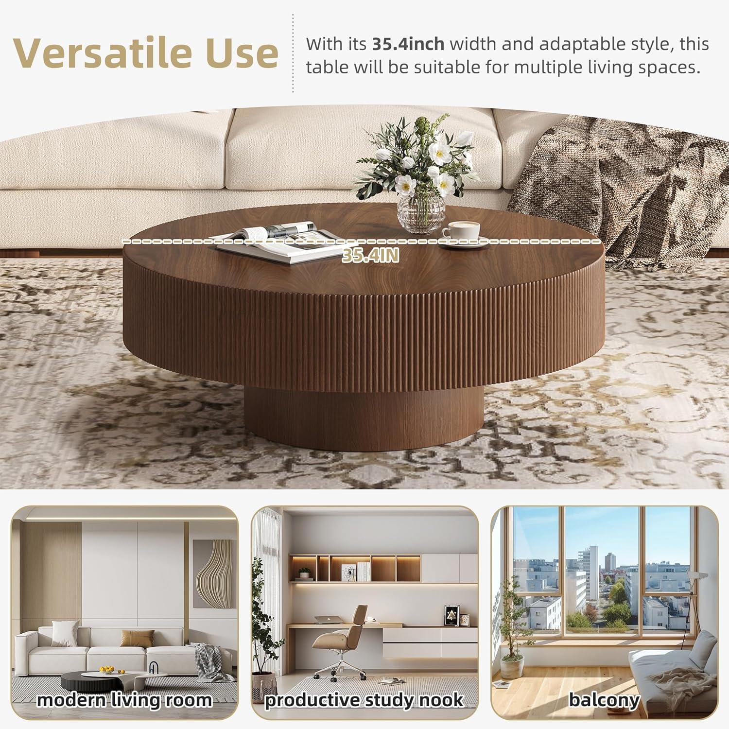 Merax Modern 35.4 Inch Round Large Coffee Table with Sturdy Base, Wood Center Table with 6.8' Thick Tabletop for Living Room Reception Room, Easy Assemble, Walnut