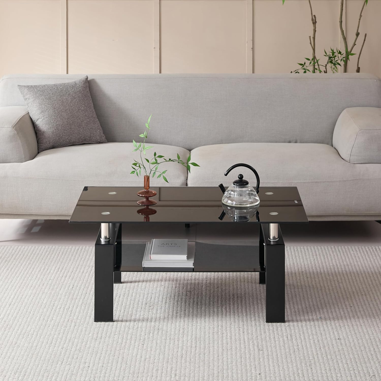 Glass Coffee Table Sets of 3 for Living Room, Mordern End Table Sofa Side Tables with Storage, Black Metal Leg, Rectangle Tempered Center Table Home Furniture Set (All Black)