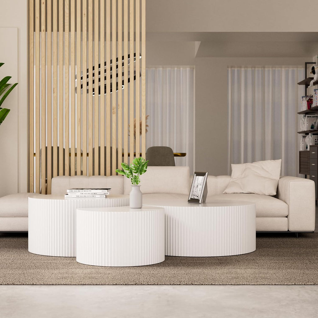 JUSTONE Set of 3 White Round Coffee Table Set Side Table End Table for Living Room, Drum Round 3 Peice Nesting Coffee Modern Coffee Table for Apartment Office,No Assembly (3PCS,White)
