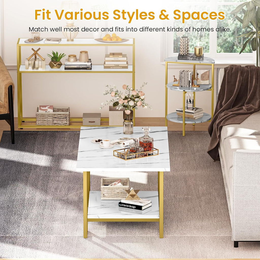 Lamerge Living Room Table Set of 3,Faux Marble Coffee Table & 3-Tier Side Table & Console Tables,Modern Table Set with Gold Metal Frame, White &Gold, Rectangle with Console (LLRT-WG)