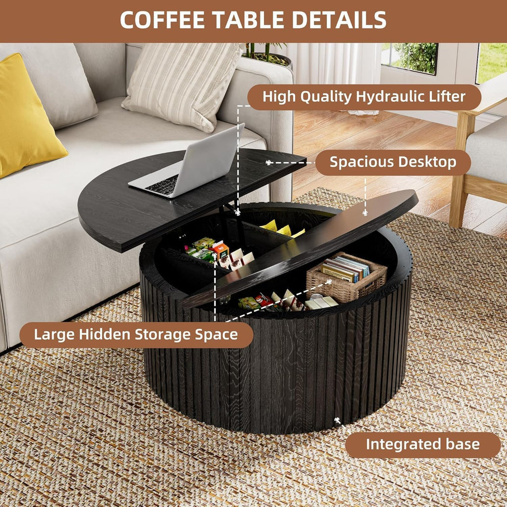 Fsbecl Round Lift Top Coffee Table with Storage, 31.6'' Modern Coffee Tables for Living Room, Fluted Wood Center Table for Office, Small Space (Black)