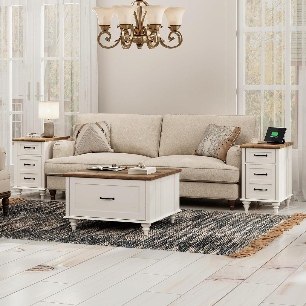WAMPAT 3 Pieces Living Room Table Set, One Farmhouse Lift Top Coffee Table with Drawer, Set of 2 End Tables Nightstands with Charging Station, Off White