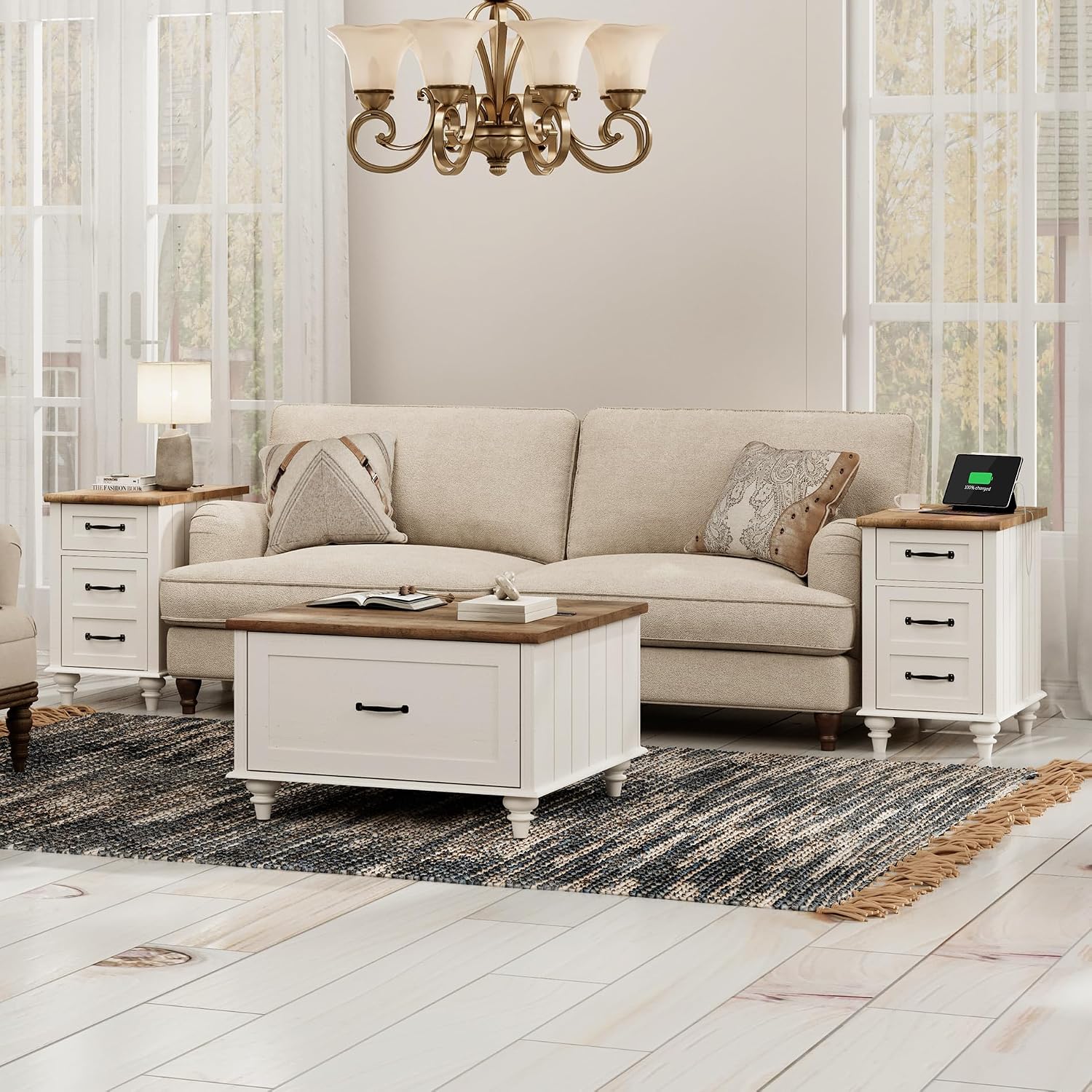WAMPAT 3 Pieces Living Room Table Set, One Farmhouse Lift Top Coffee Table with Drawer, Set of 2 End Tables Nightstands with Charging Station, Off White
