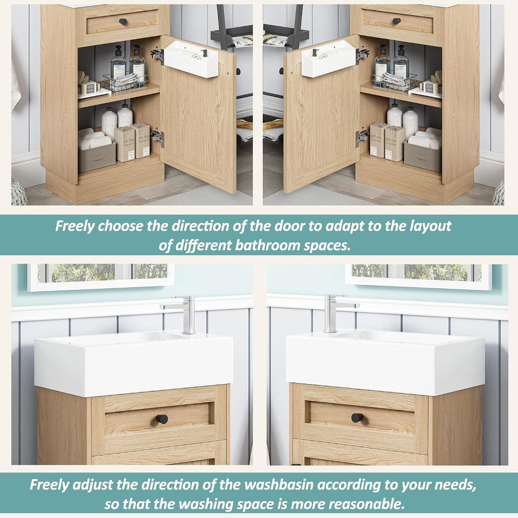 18.5' Bathroom Vanity with Reversible Resin Sink, MDF Cabinet with Adjustable Shelf & Elegant Zinc Alloy Handles, Wood Grain Melamine Finish, Rustic Style for Small Spaces