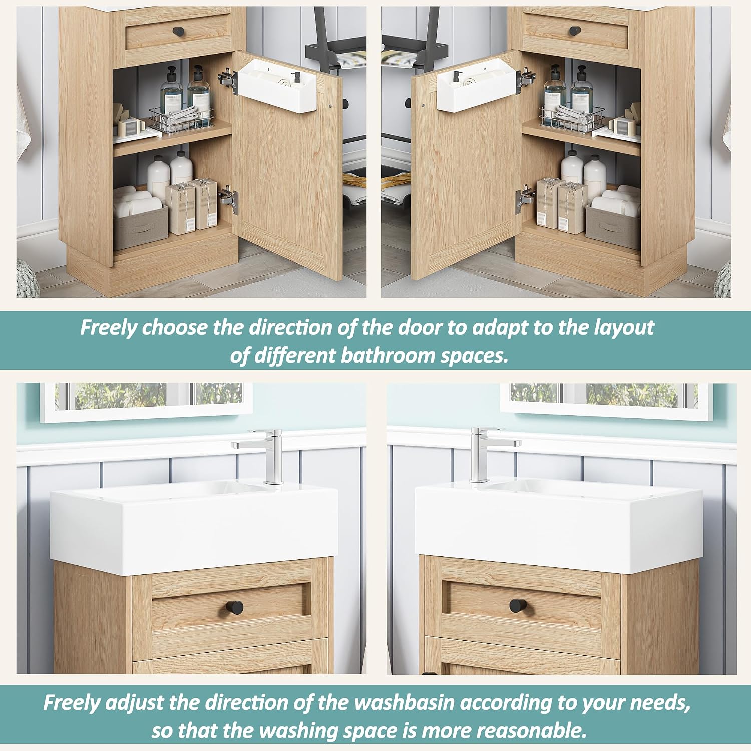 18.5' Bathroom Vanity with Reversible Resin Sink, MDF Cabinet with Adjustable Shelf & Elegant Zinc Alloy Handles, Wood Grain Melamine Finish, Rustic Style for Small Spaces