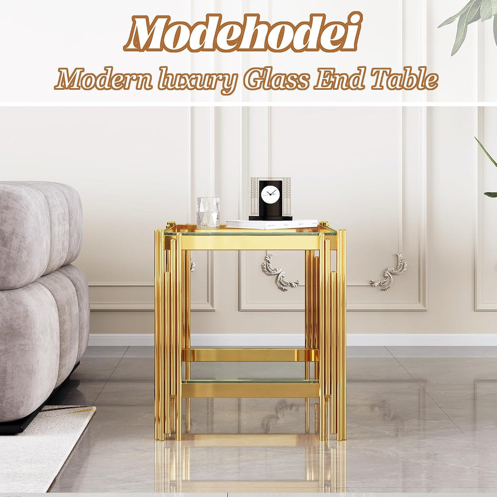 2-Tier Glass End Table, 20' Square Gold Side Table with Stainless Steel Legs and Clear Tempered Glass, Modern Luxury End Table for Living Room Home Office