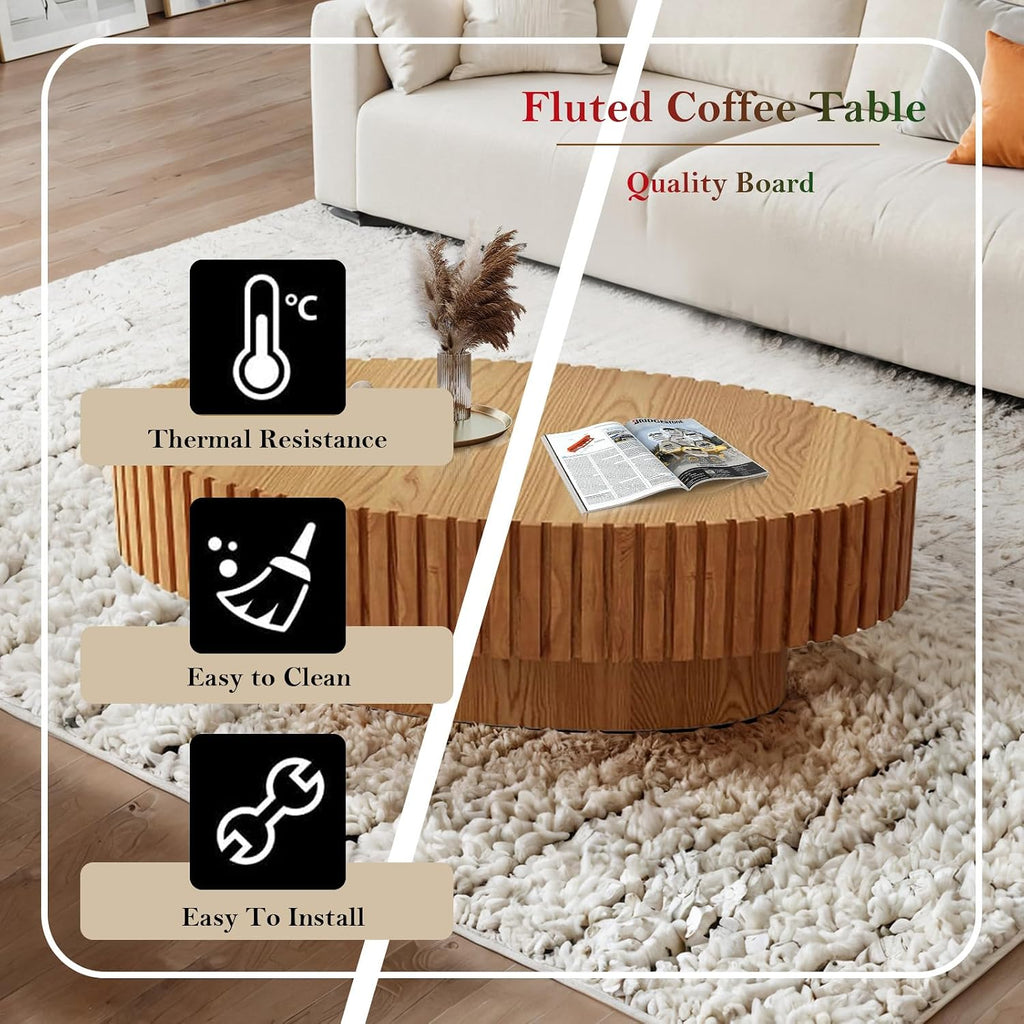 Handcraft Fluted Coffee Table 43.3' Oval Drum Center Tables with Sturdy Pedestal Easy to Assembly for Living Room Apartment Farmhouse (Oval Wood 43.3in)