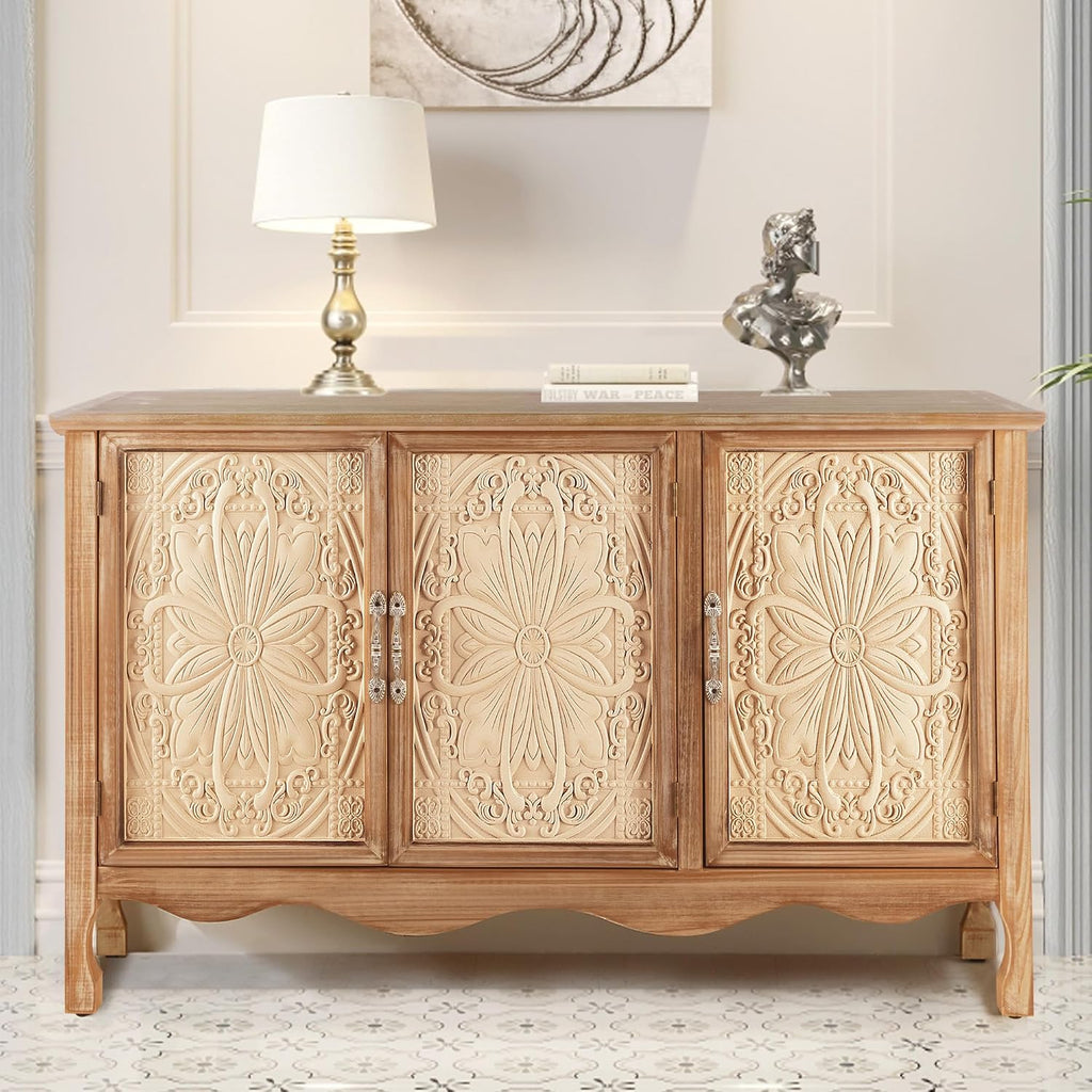 RoyalCraft Farmhouse Sideboard Buffet Cabinet with Storage, 49' Solid Wood Credenza Buffet Table Coffee Bar Wine Bar Storage Cabinet with 3 Doors for Dining Room Living Room Hallway, (Provence Grain)
