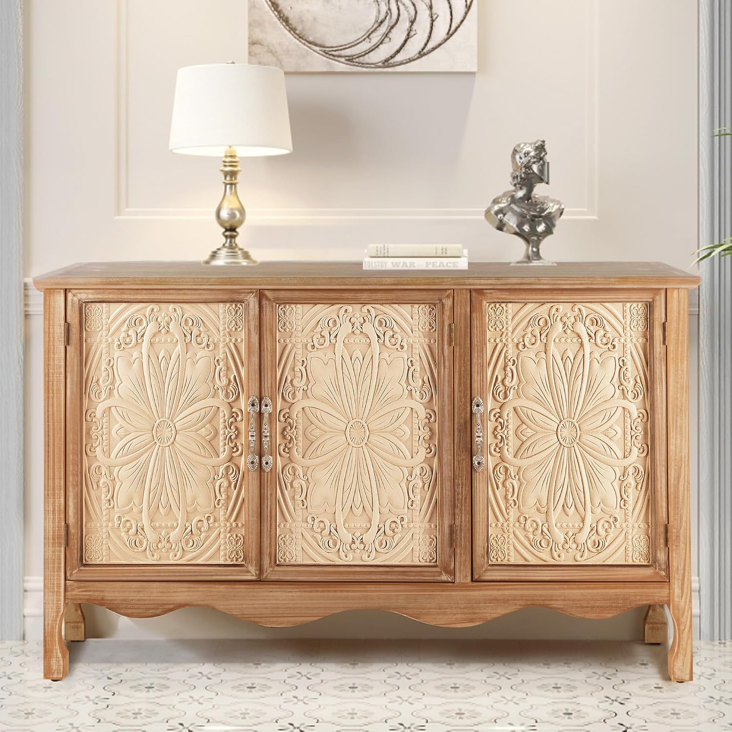 RoyalCraft Farmhouse Sideboard Buffet Cabinet with Storage, 49' Solid Wood Credenza Buffet Table Coffee Bar Wine Bar Storage Cabinet with 3 Doors for Dining Room Living Room Hallway, (Provence Grain)