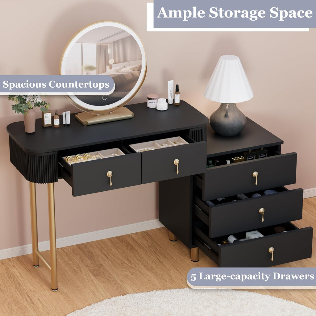 Royal Windsor Makeup Vanity Desk with Mirror and Lights, Black | The Side Cabinets can be Interchanged from Lleft to Right, 3 Color Touch Screen LED Mirror , 5 Drawers