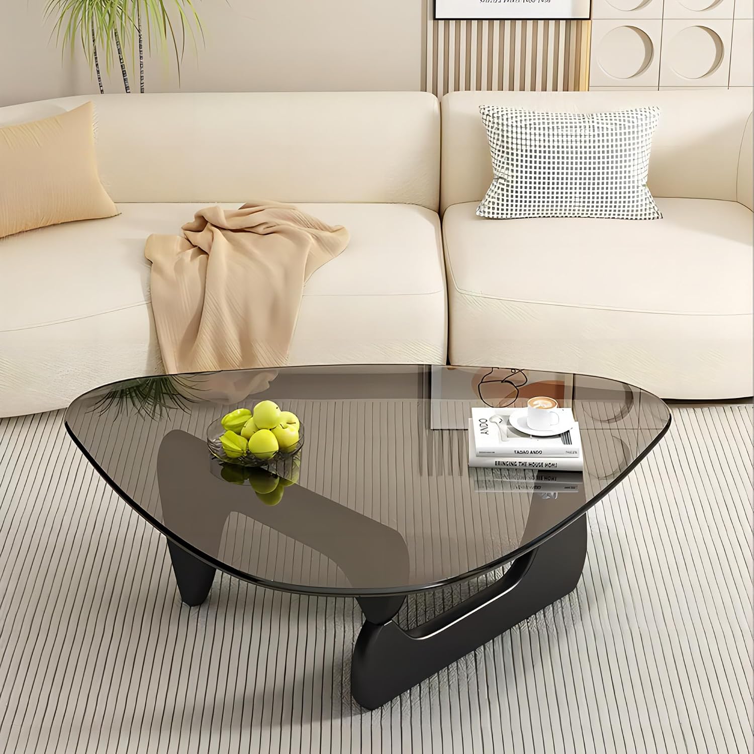 EASYSOUL Modern Glass Coffee Table, 32.68' D x 22.44' W x 15.75' H, Abstract Round Tea Tables for Living Room Home Office Industrial Cocktail Tables (Black-Gray Glass, 32.68')