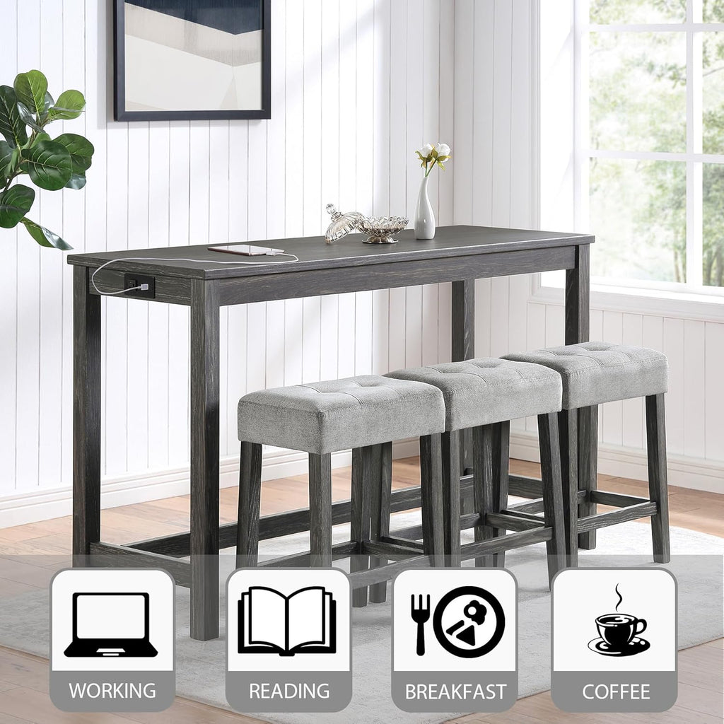 Merax Industrial Bar Table Set with Power Outlet, 4-Piece Counter Height Dining Set with Linen Fabric Stools for Kitchen, Breakfast Nook, Game Room,Black Gray+ Gray
