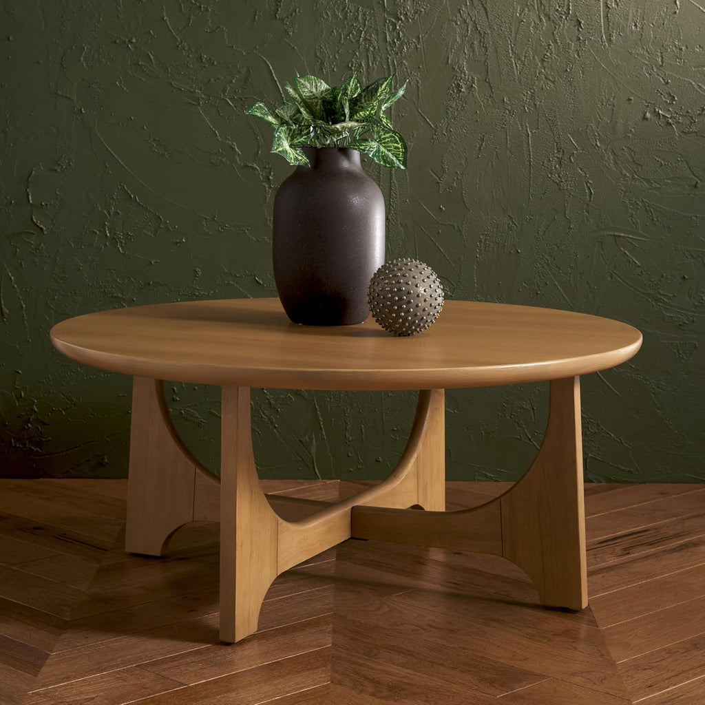 SAFAVIEH Couture Collection – Sasha Contemporary Natural Oak Veneer Round Coffee Table, Sculptural Modern Living Room Table (SFV2128D)