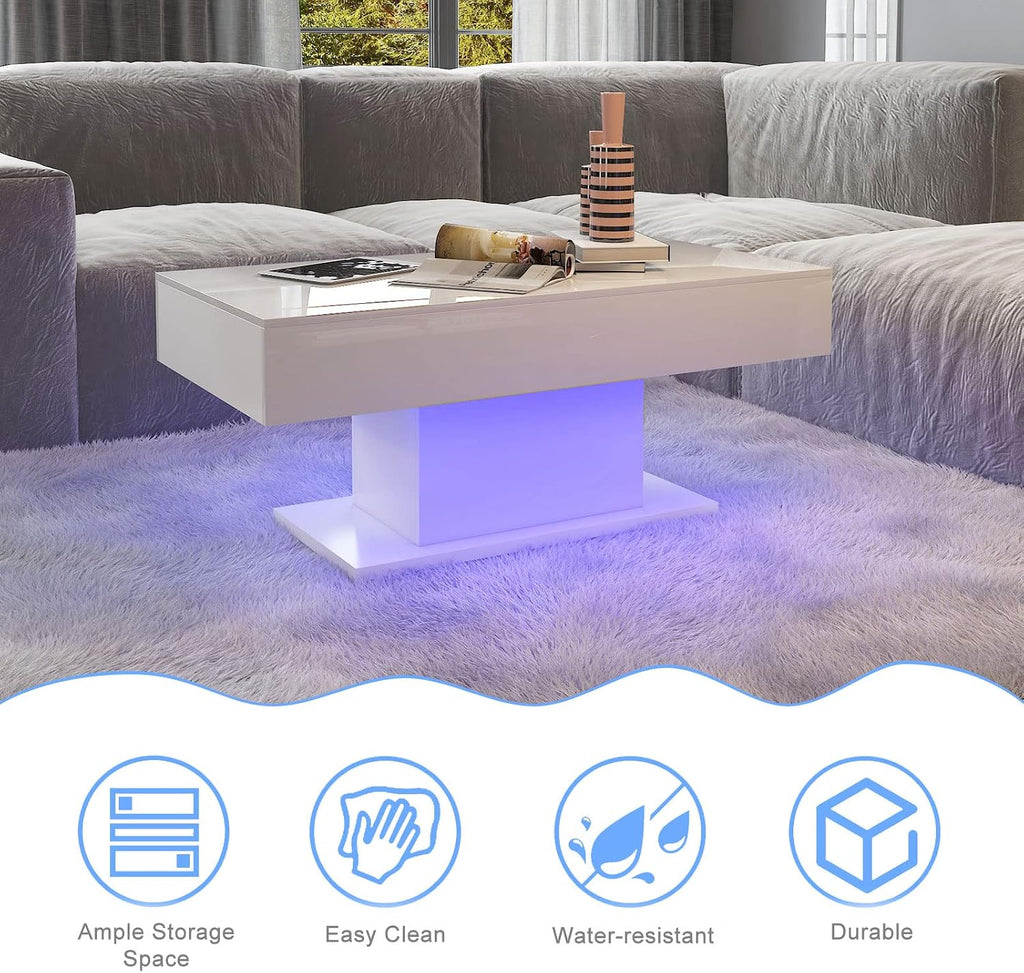 HedoAjim Led Coffee Table for Living Room, Living Room Table Rectangular Center Table, Modern High Glossy Wooden Coffee Tables with 16 Colors LED Lights for Dining Reception Room, White