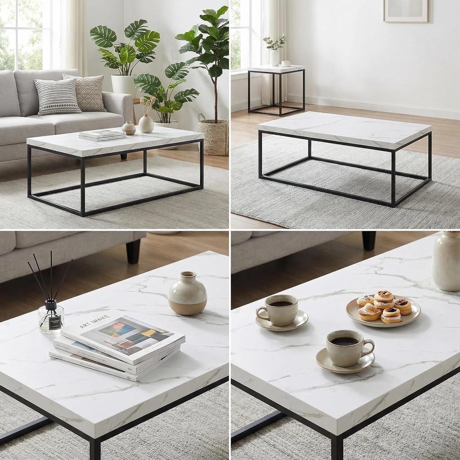 CENSI 47-Inch White Marble Coffee Table Ottoman Center Table for Living Room, Rectangle Modern Industrial Style,Wood and Metal (Marble)