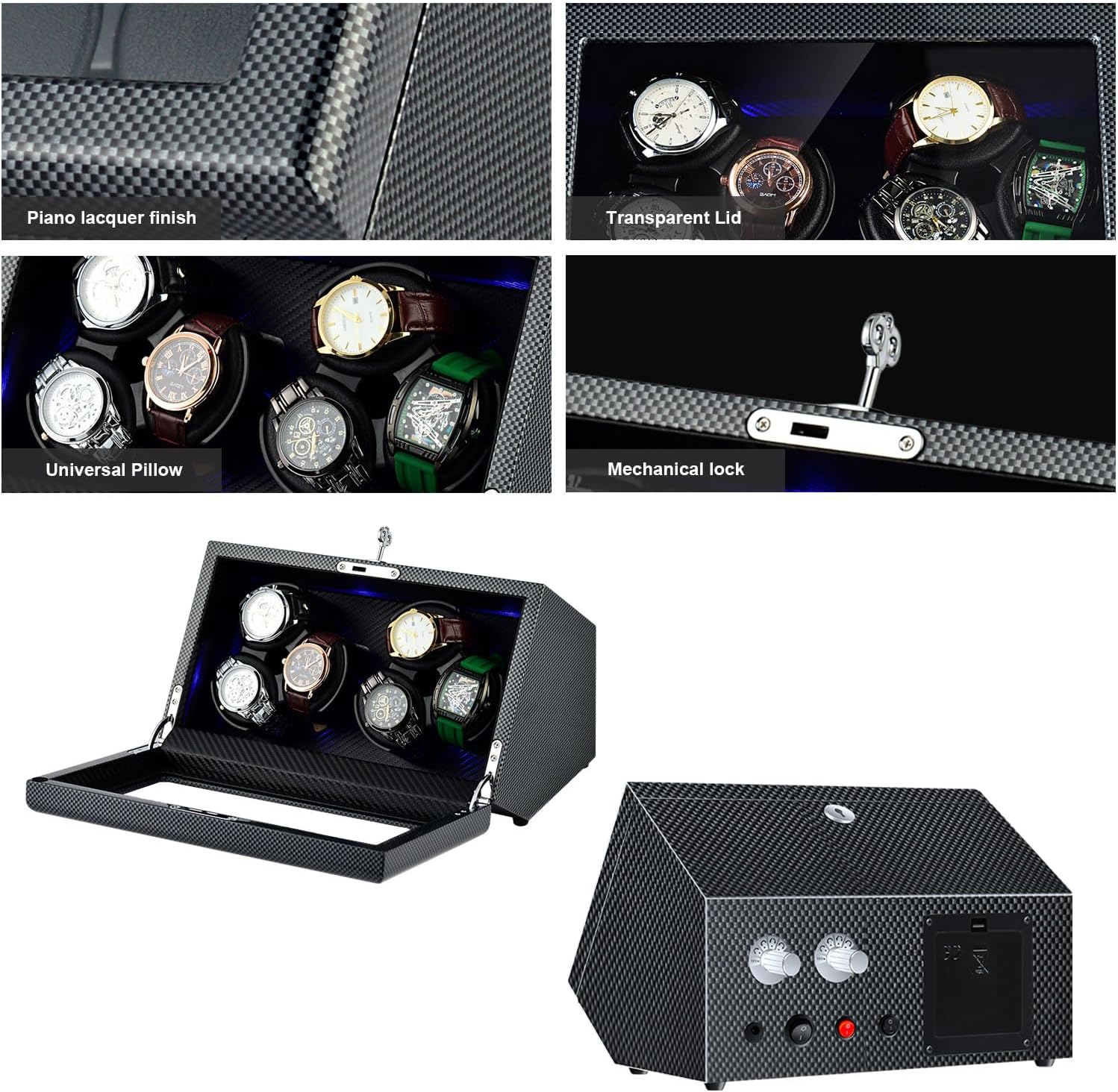 Watch Winder for Automatic Watches, Watch Winders 3/6 Slot for Rolex, Watch Rotator Uses Super Quiet Motor, 4 Rotation Mode Setting & LED Light & Mechanical Lock, Gift for Man