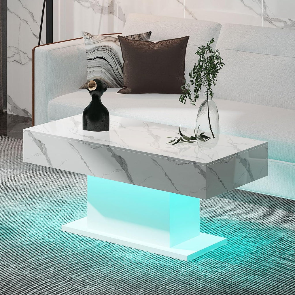 HedoAjim Led Coffee Table for Living Room, Living Room Table Rectangular Center Table, Modern High Glossy Wooden Coffee Tables with 16 Colors LED Lights for Dining Reception Room, White Marble