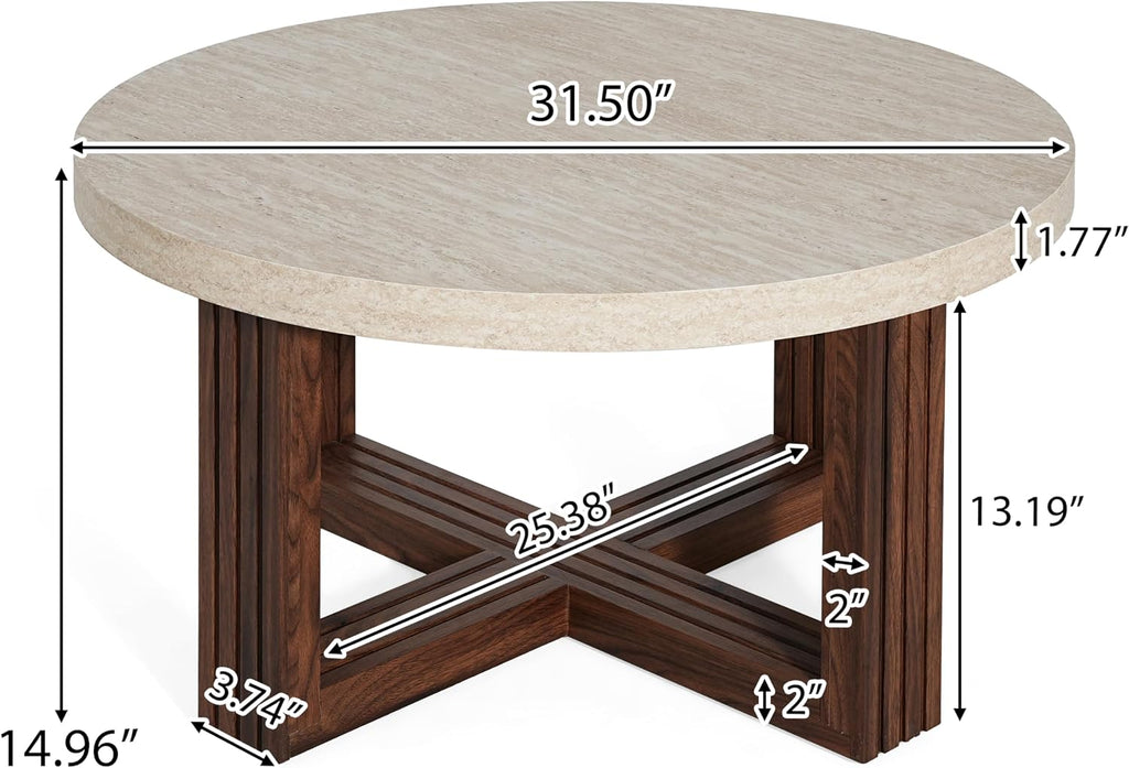 Christopher Knight Home Yone 31.5'' Modern Round Coffee Table for Living Room Furniture/Apartment, Side Table with Marble Pattern Top, Wooden End Table with Cross Metal Base, Brown + Beige