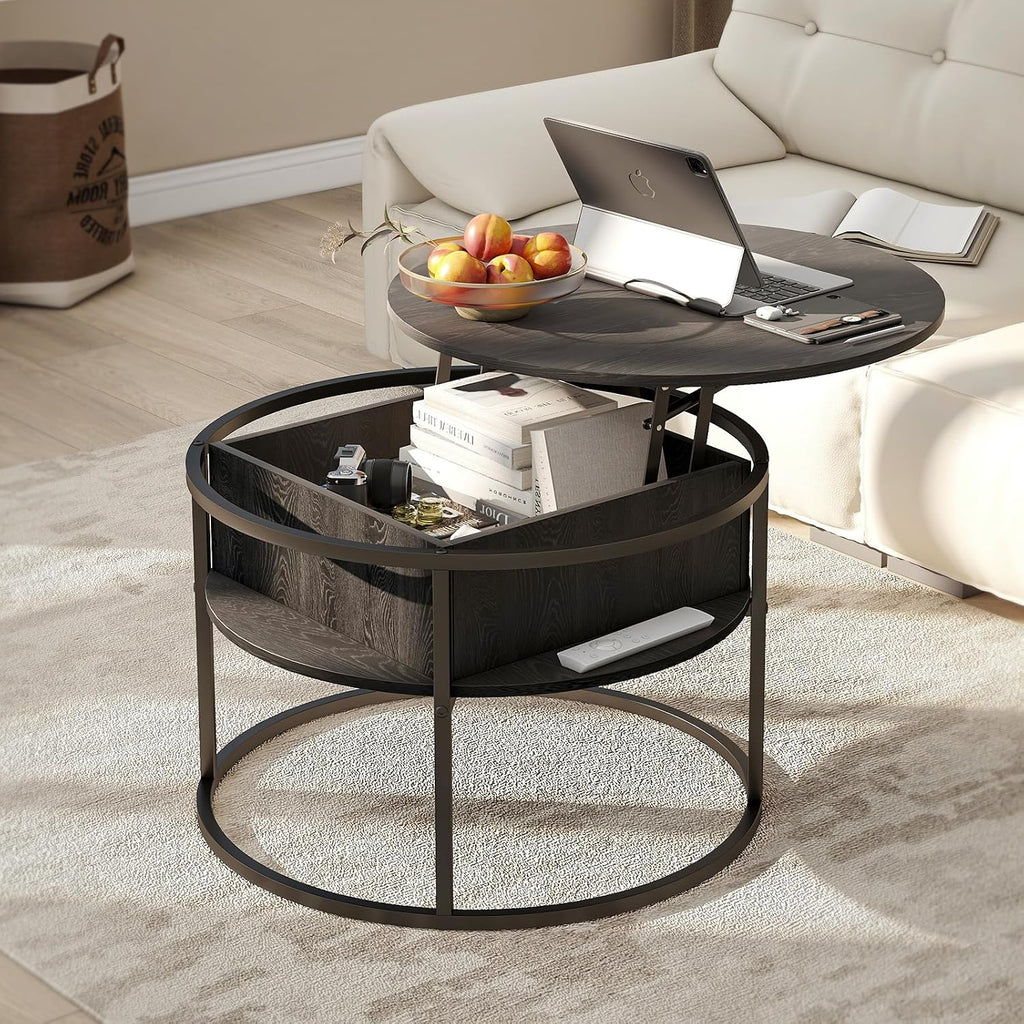 HOJINLINERO Round Lift Top Coffee Table,with Storage Hidden Compartment,Wood Farmhouse Coffee Table Decor