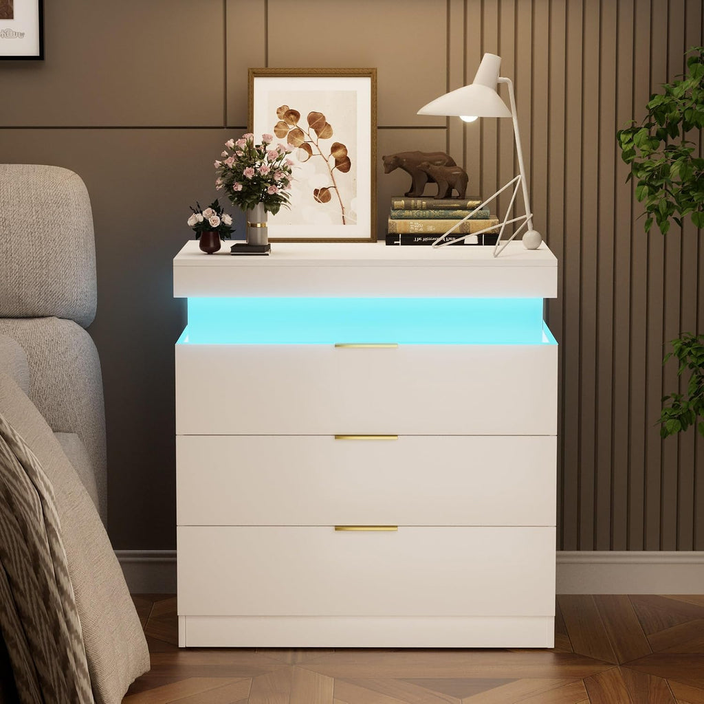 Modern LED Nightstand with Charging Station, 3 Drawers, RGB Lighting, Built-in Power Hub, White End Table, 28.8W x 17D x 30.5H inches (White)