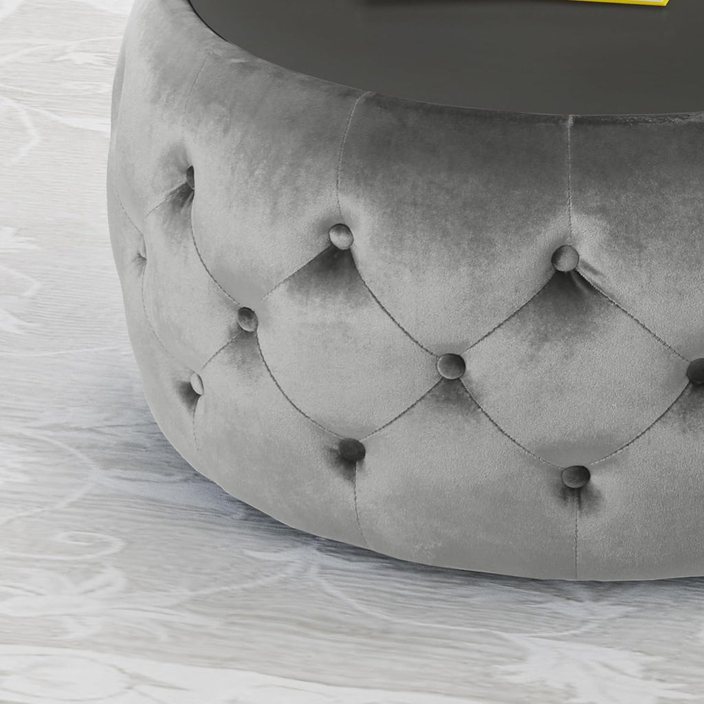 30' Round Velvet Ottoman Coffee Table, Button Tufted Coffee Table with Tempered Glass Top Modern Upholstered Tufted Velvet Cocktail Center Table for Living Room, Fully Assembled (Gray)