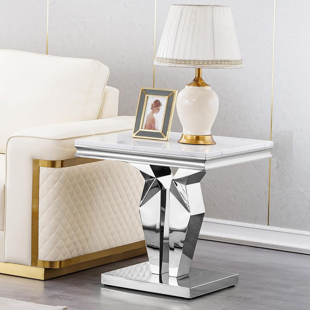 3 Pieces Coffee Table Set, Faux Marble Living Room Table Set of 3, Modern Coffee Table and 2 End Tables with Y-Shaped Stainless Steel Base for Living Room (White Silver)