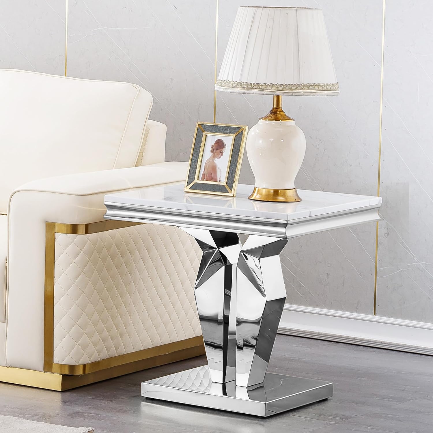 3 Pieces Coffee Table Set, Faux Marble Living Room Table Set of 3, Modern Coffee Table and 2 End Tables with Y-Shaped Stainless Steel Base for Living Room (White Silver)