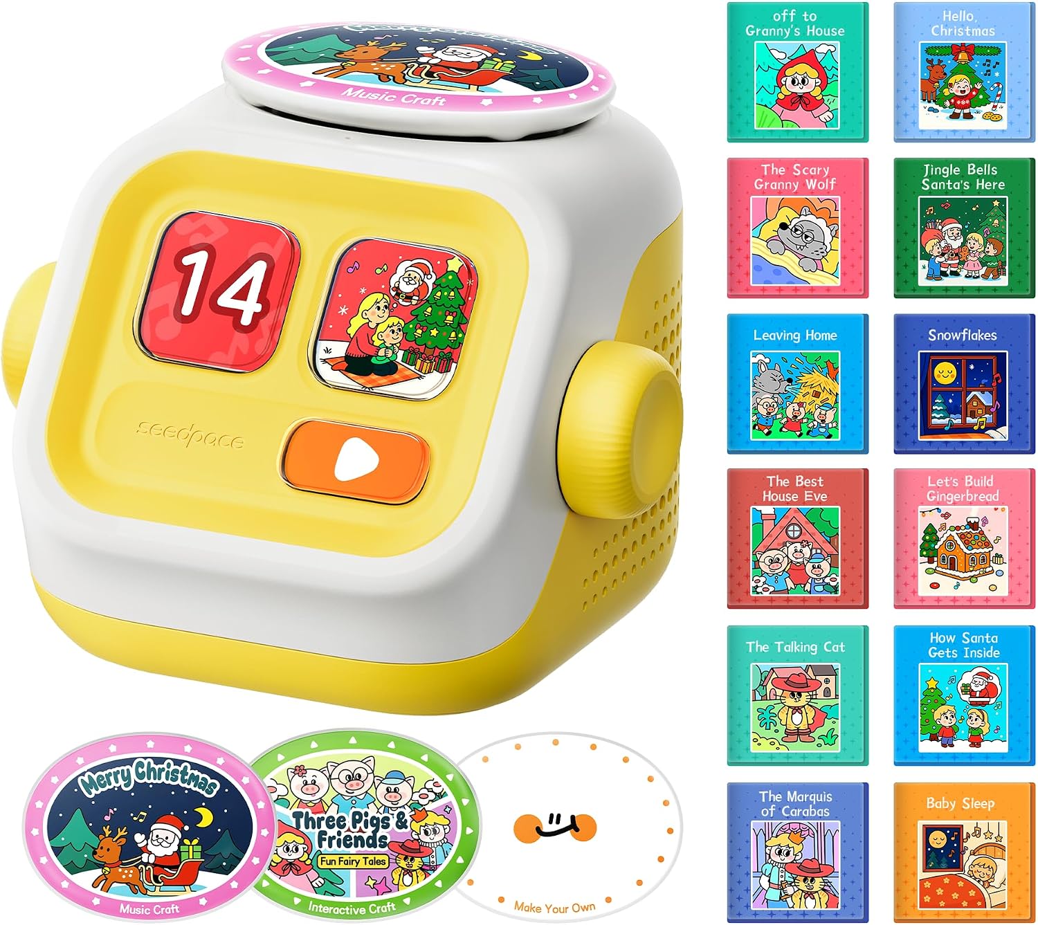 Kids Bluetooth Speaker & Story Machine: Portable Wireless Music Player with Interactive Expression, 3 Audio Cards (Christmas Songs, Fairy Story & Record Your Own), Gift for Kids Ages 5–8