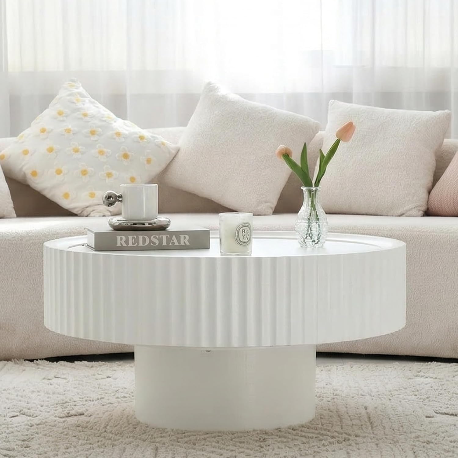 Round Coffee Table, Modern Living Room Table, Wood Center Table with Fluted Drum, Circle Coffee Tables with Fine Grain Textured Tabletop, Farmhouse Tea Tables for Living Room,30.3×13.7in