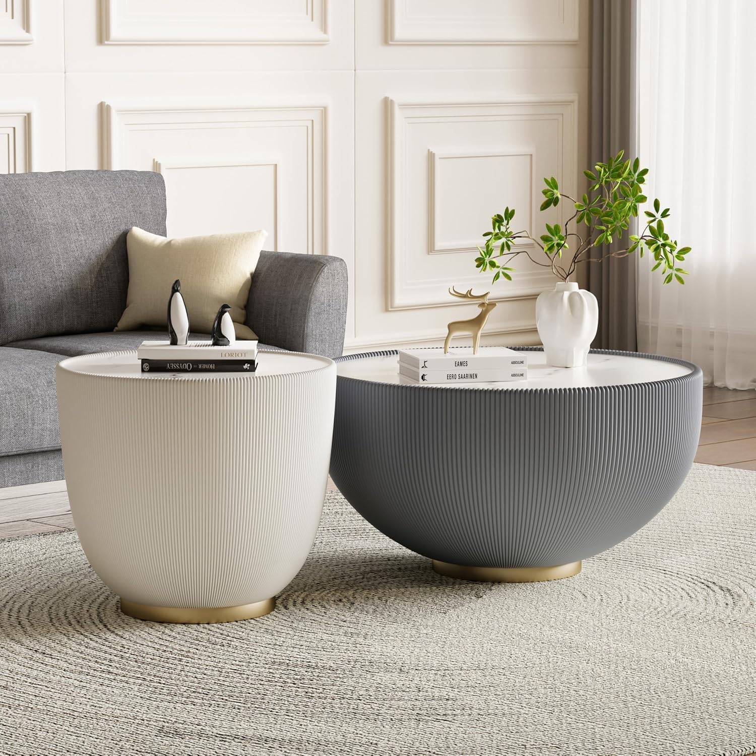 Round Coffee Table Set of 2, Sintered Stone Grey Coffee Table with White End Table, Nesting Tables for Living Room, Accent Side Table for Apartment Home Office, No Need Assembly