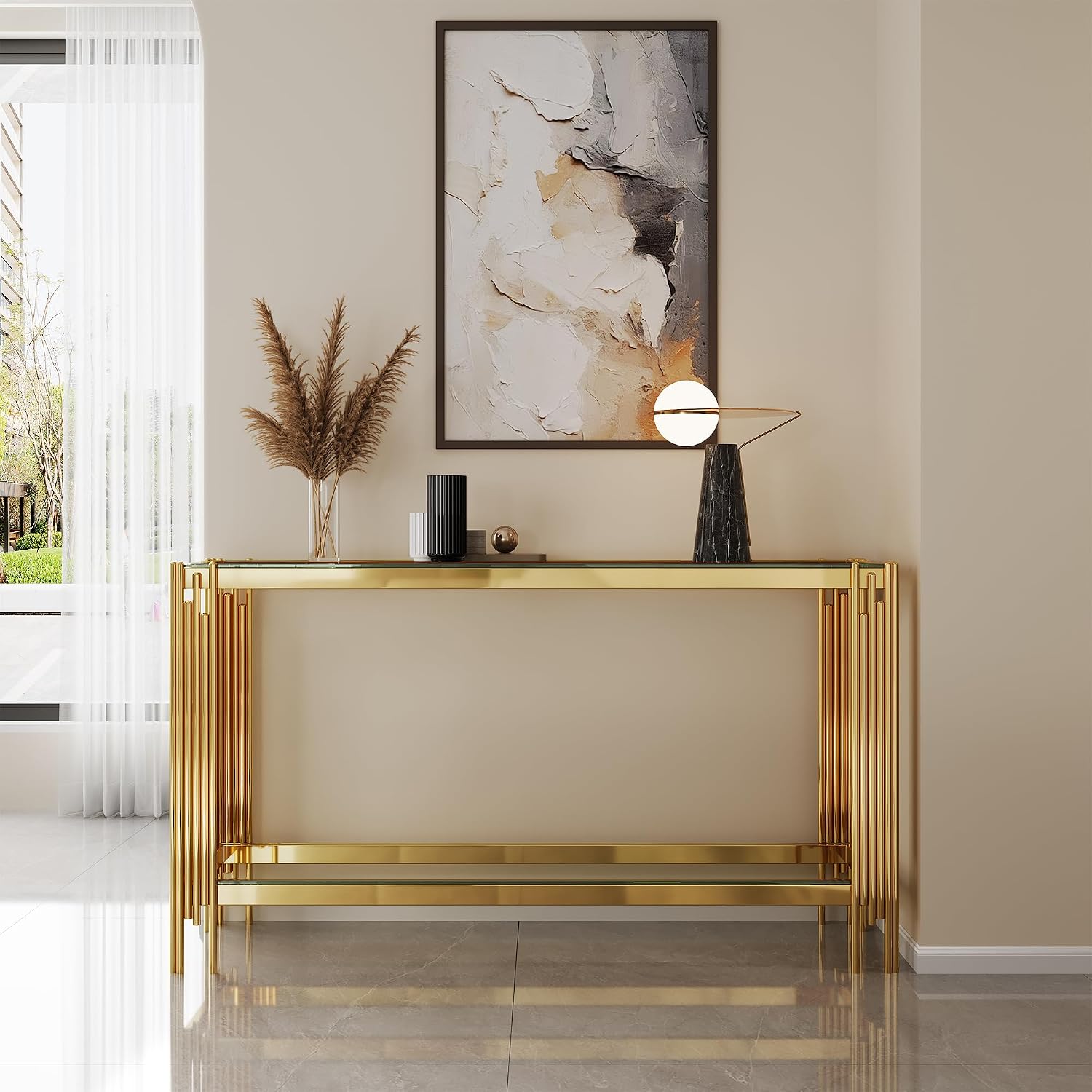 Modern Gold Glass Console Table, 55' Narrow Long Entryway Table with Stainless Steel Frame, Luxury 2-Tier Rectangle Accent Table Behind Sofa Entrance Table Foyer Table for Living Room Hallway