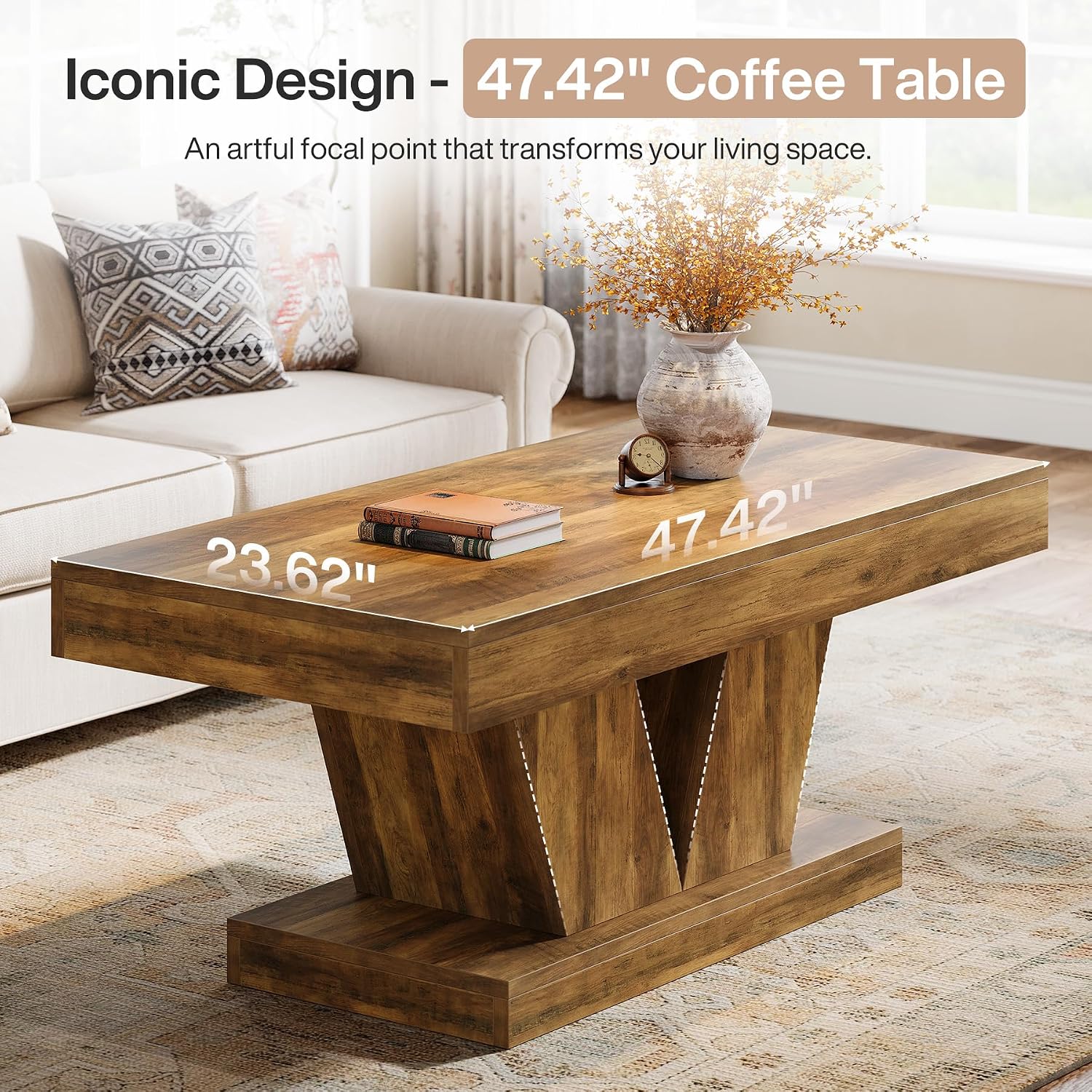 Tribesigns Farmhouse Rectangular Coffee Table, 47.2' Mid-Century Wooden Center Table with Thick Sculptural Base, Modern Rustic Accent Furniture for Living Room, Rustic Brown