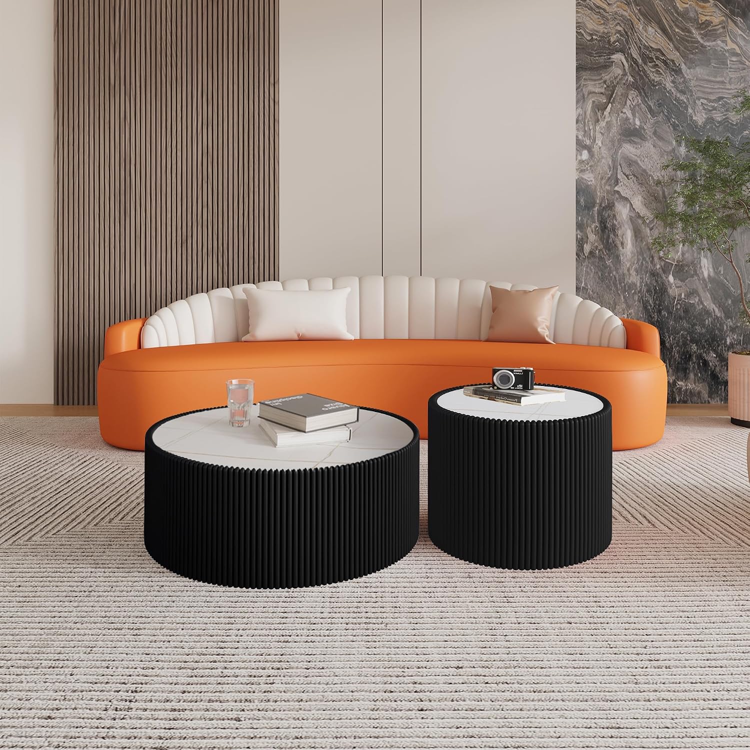 29.52' Round Marble Coffee Table,Modern Fluted Coffee Table w/White Sintered Stone Top & Black PU Leather Covered,Luxury Circle Coffee Cocktail Center Tables for Living Room,No Assembly Required