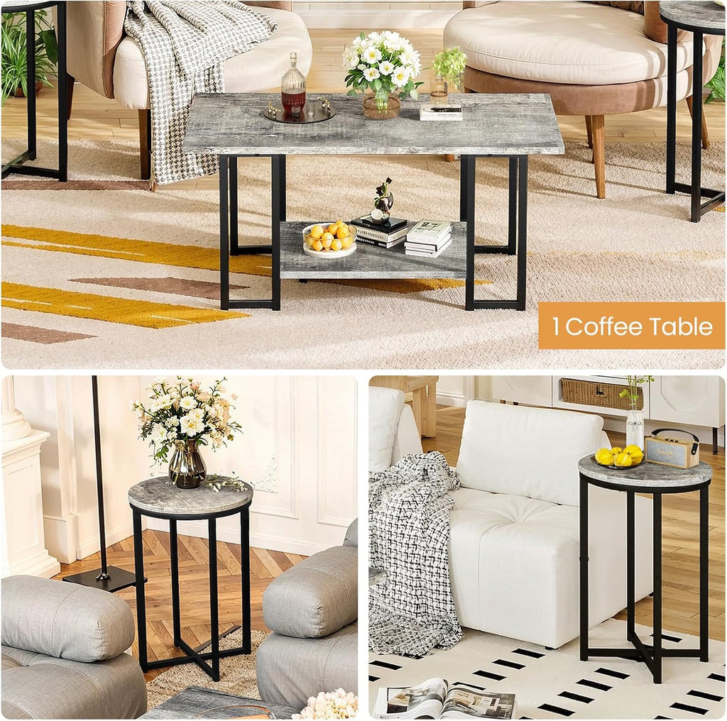 AWQM 3 Pieces Living Room Table Set, Faux Marble Coffee Table with 2 Round End Side Tables, Coffee Table Set with Metal Frame for Apartment Home Office, Grey&Black