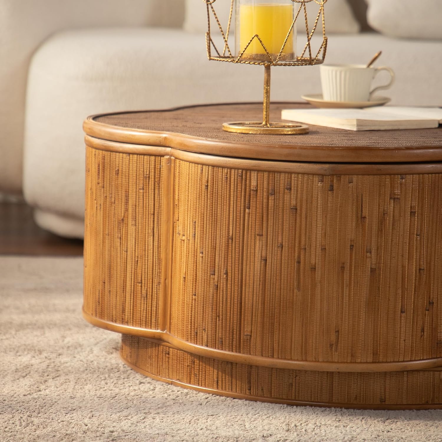 31.5'' Round Coffee Table with Lift-Off Lid Storage, Wood Circle Flower-Shaped Rattan Coffee Table for Living Room, Modern Boho Countryside Farmhouse Style, No Assembly, Natural