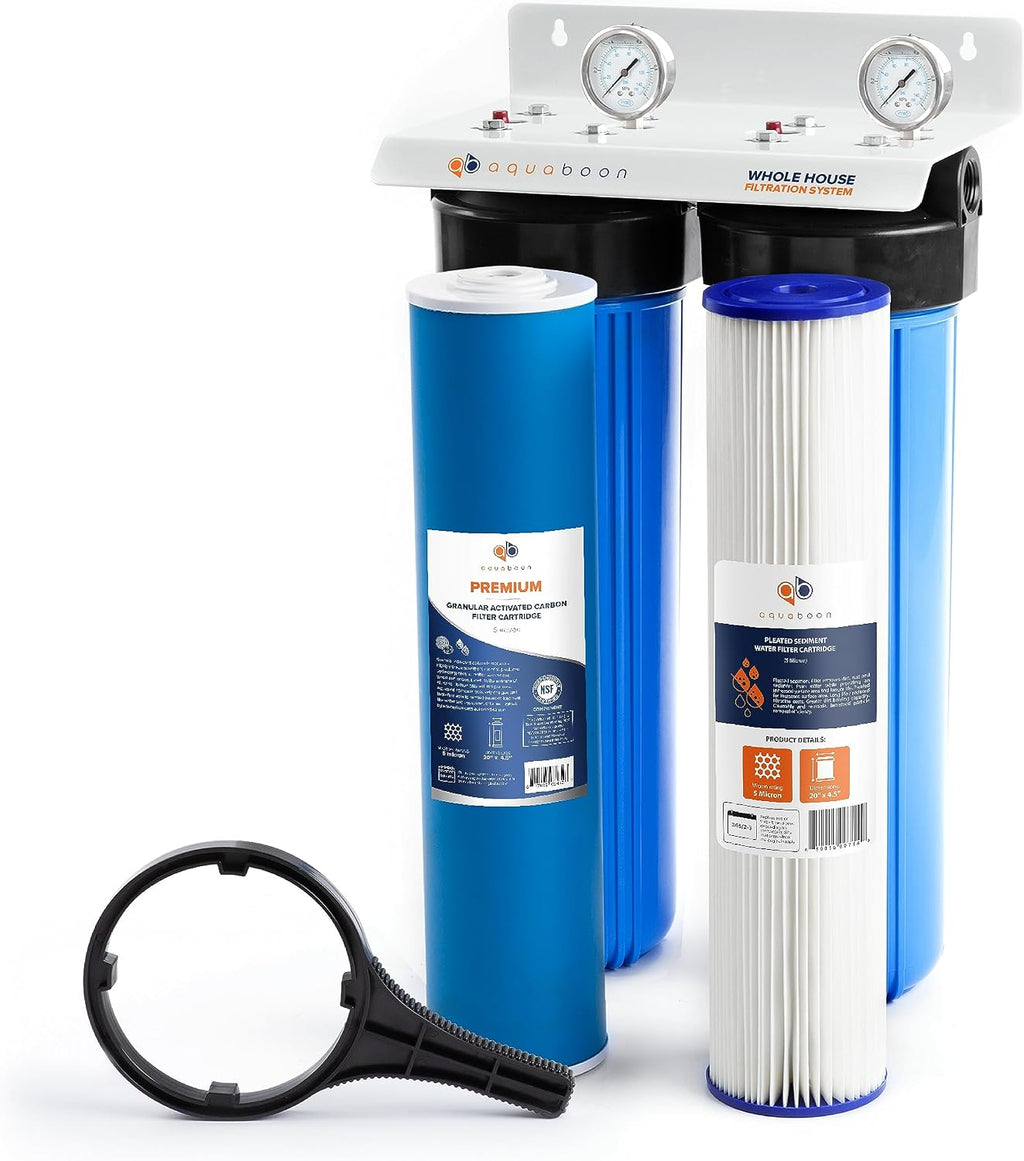 Aquaboon 2-Stage Whole House Water Filter System with 20x4.5 Water Filters Against Sediment & Chlorine | Gauge & Release, Wrench, Bracket Included