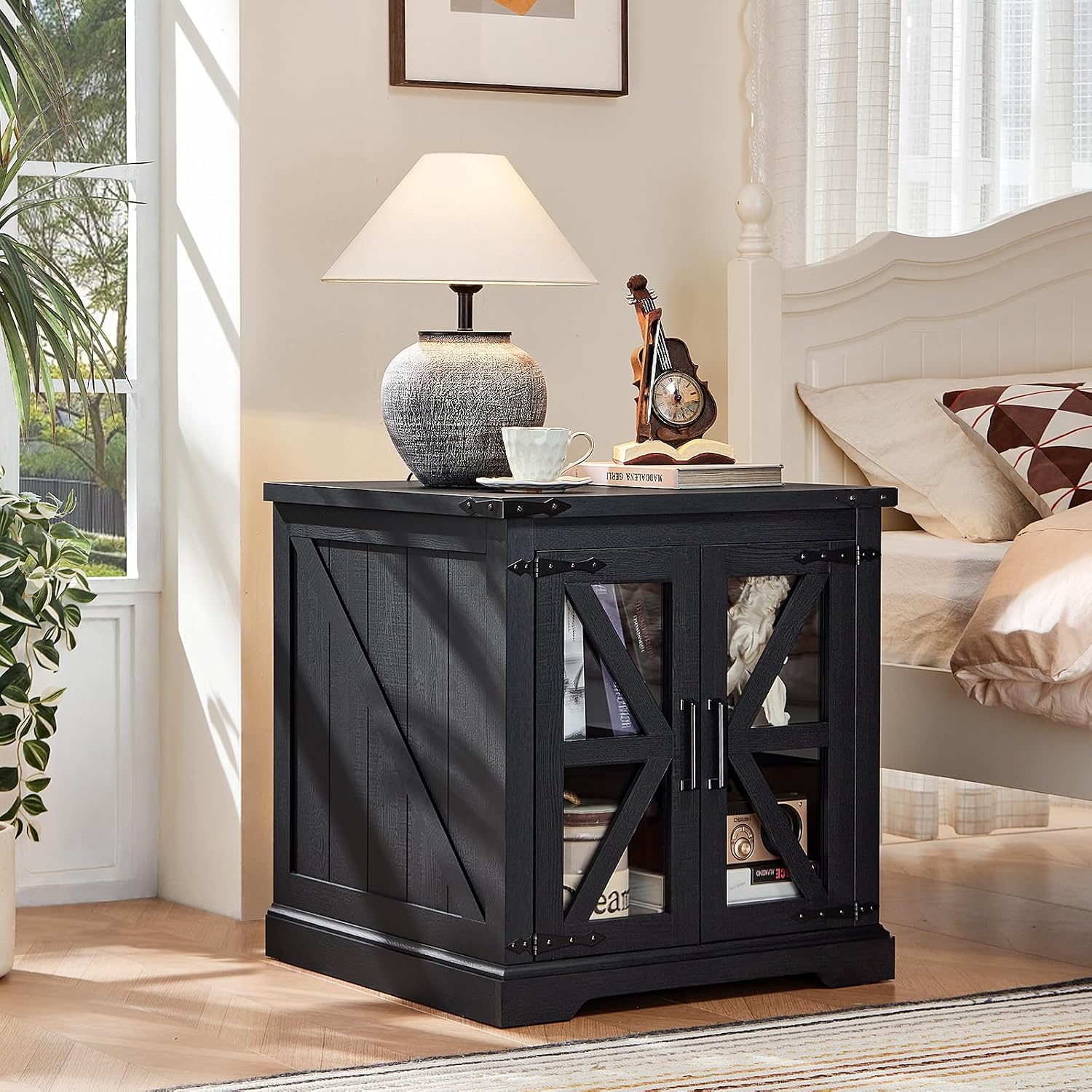 Joaxswe 24' End Table Set of 2 with Charging Station, Farmhouse Night Stand with Glass Barn Door, Nightstands with Adjustable Storage Shelf, Large Wood Square Bed Side Table for Living Room,Bedroom