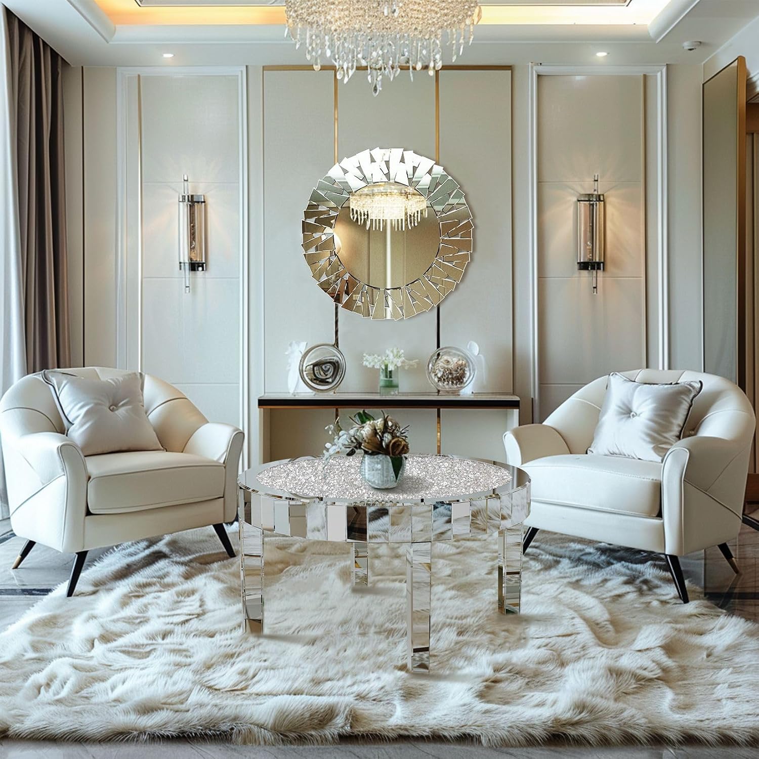 Silver Mirrored Coffee Table: 31.5 inch Round Crystal Glass Mirror Tabletop Crushed Diamond