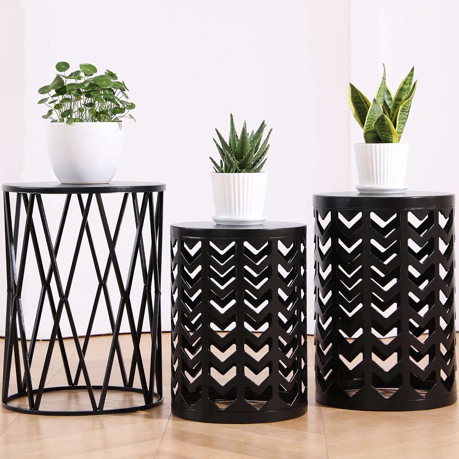 HFHOME Multifunctional Nesting Round Metal Coffee End Tables, Set of 3 Modern Furniture Nightstands Decor Side Tables Plant Stand for Home Office Indoor Garden Outdoor- Pure Black