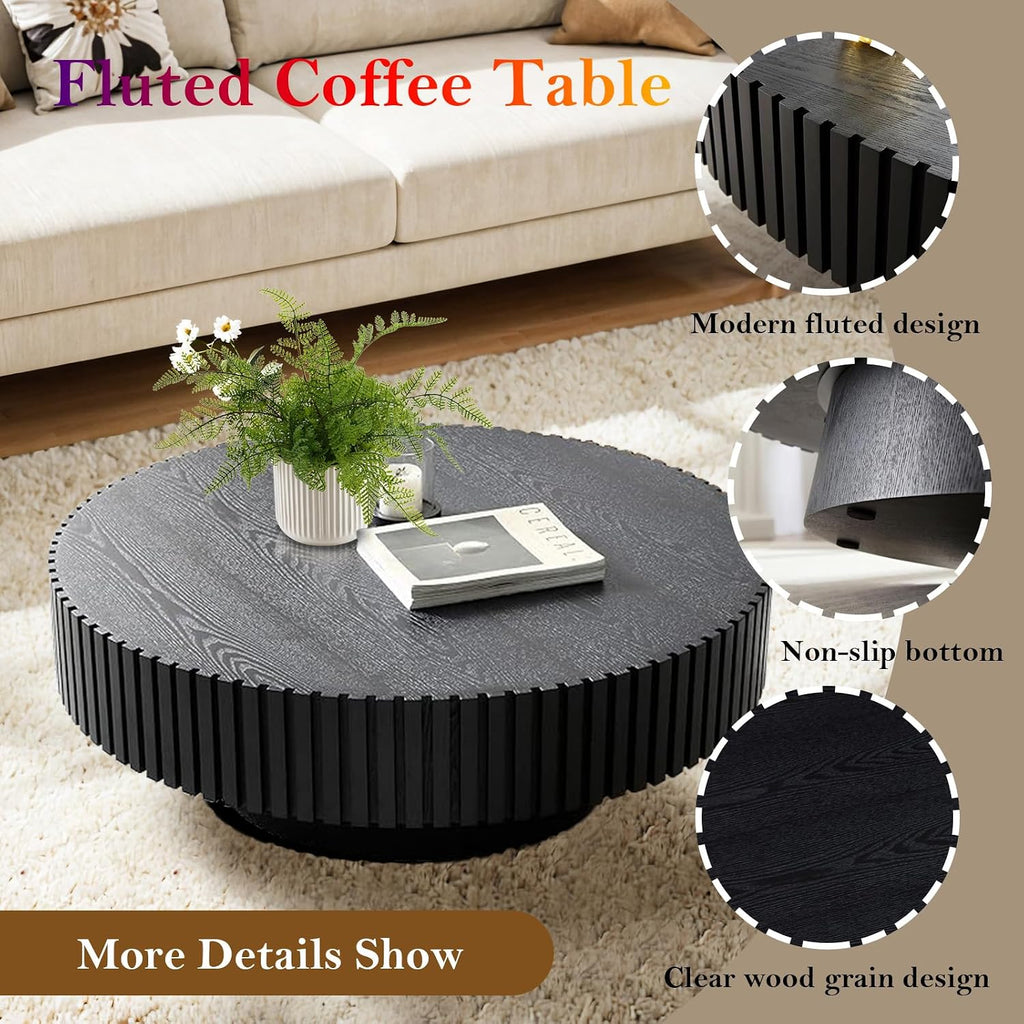 Black Fluted Coffee Table Mid Century Circle Center Tables for Living Room Chic Round Drum End Table for Small Space Easy Assembly (Round Black 31.5in)