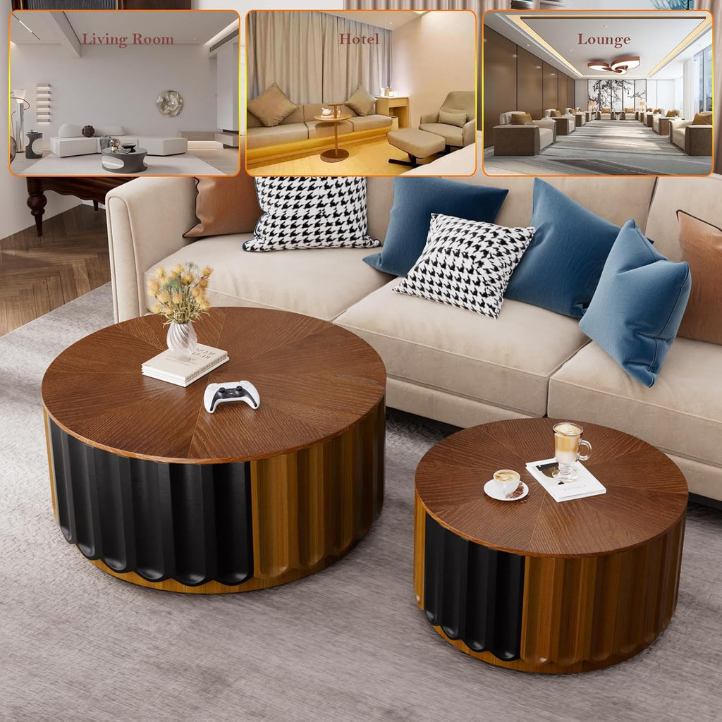 Round Nesting Coffee Table with Storage Stylish Chic Wooden Circle Center Table - Handcraft Relief Veneer for Living Room Study Balcony (F 26.8+19.7in)