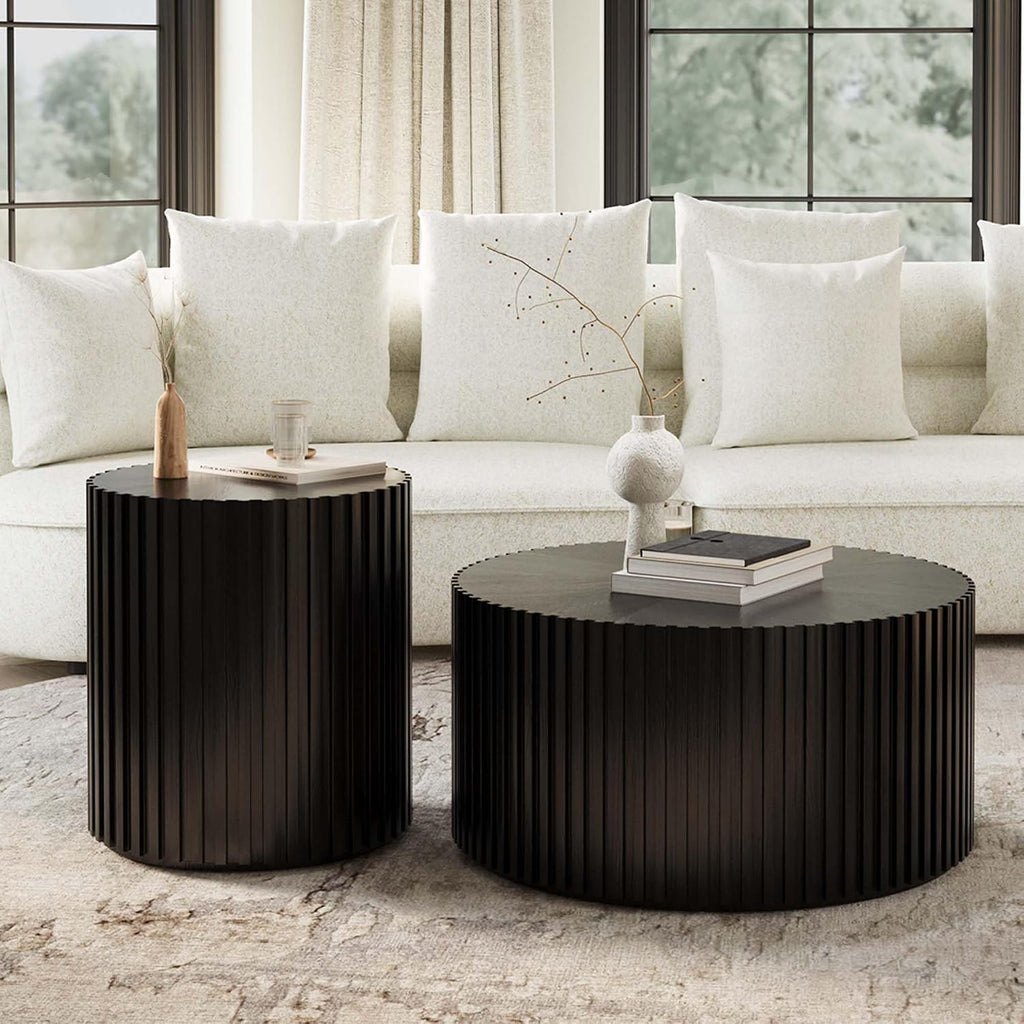 POVISON Round Coffee Side Table, Mid Century Wood End Table, Fluted Side Table for Living Room Bedroom Office, 20.08', Black