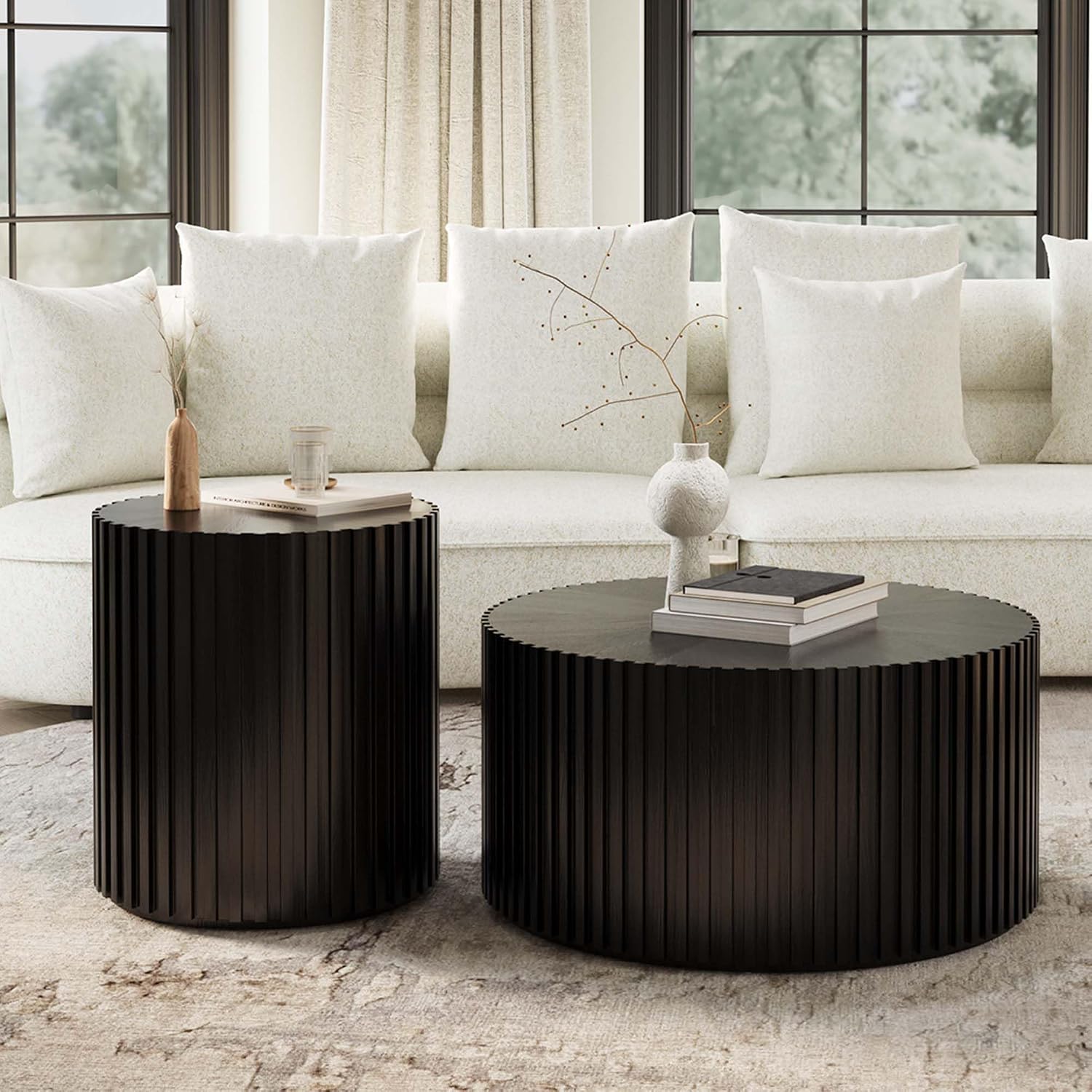 POVISON Round Coffee Side Table, Mid Century Wood End Table, Fluted Side Table for Living Room Bedroom Office, 20.08', Black