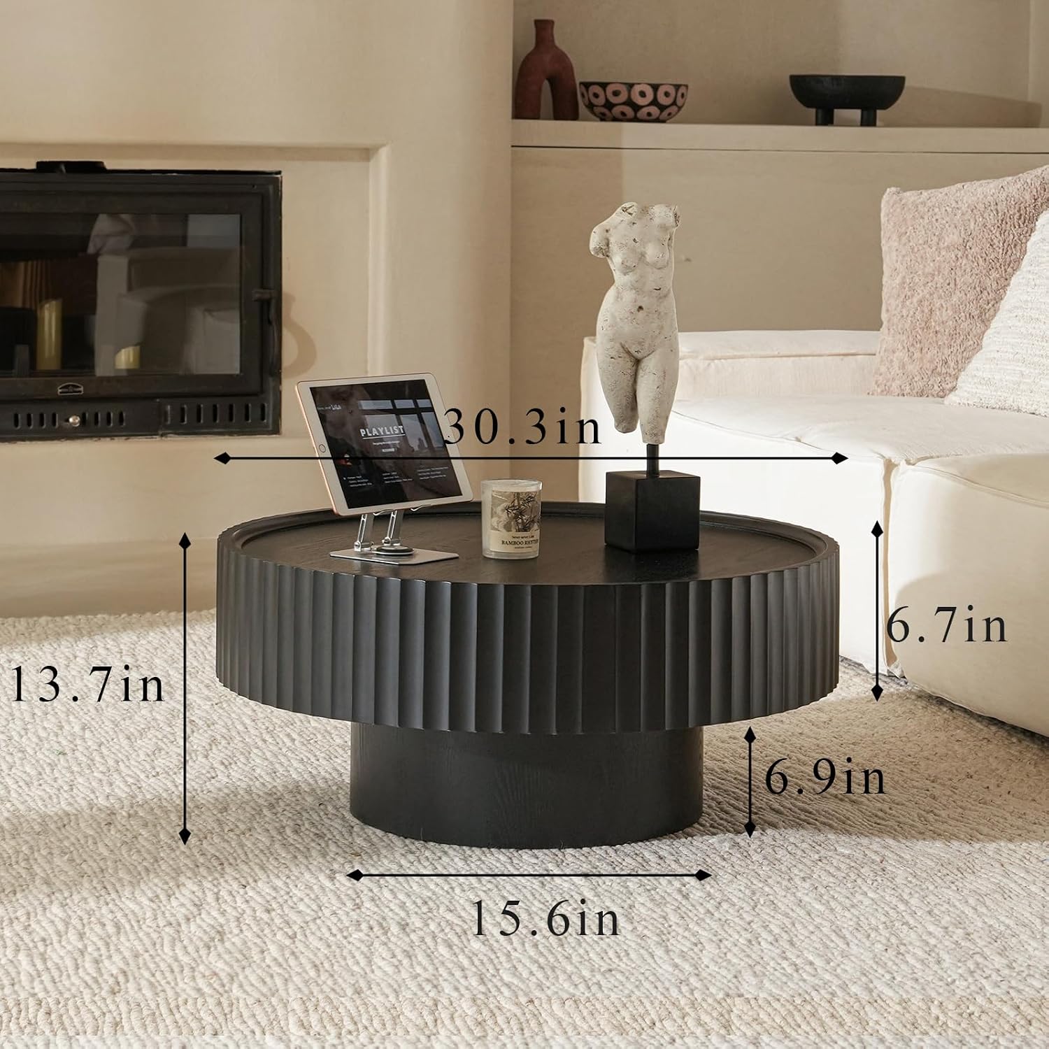 Round Coffee Table, 30.3in Modern Living Room Table, Fluted Drum Circle Tea Table with Storage, Accent Center Tables for Living Room, Apartment, Small Space (Black)