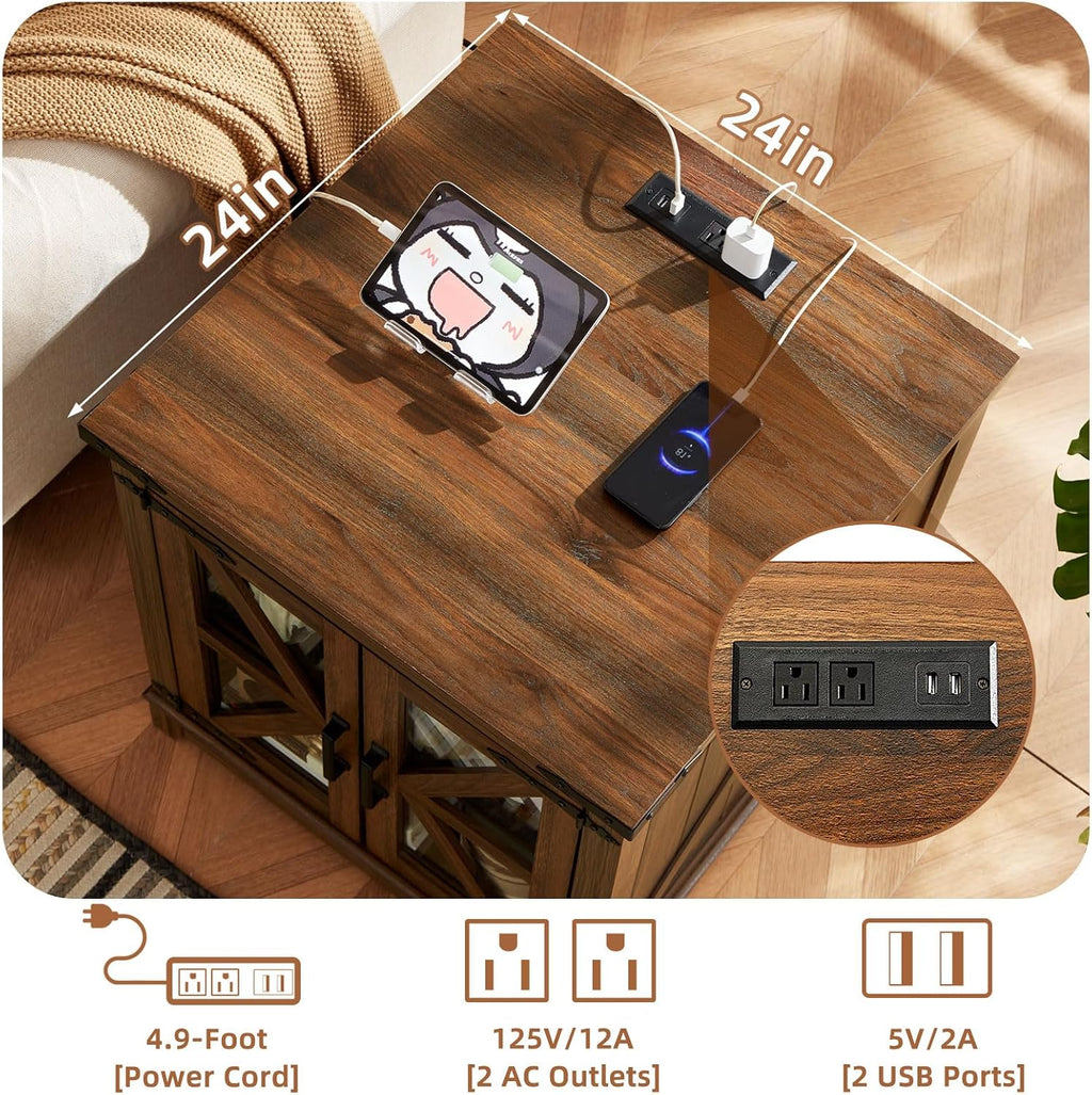 Farmhouse End Table Set of 2,24' Large Sofa Side Table with Charging Station Glass Barn Door,Wood Nightstand with Adjustable Storage Shelf,Square Bedside Table for Living Room,Bedroom,Office-Brown