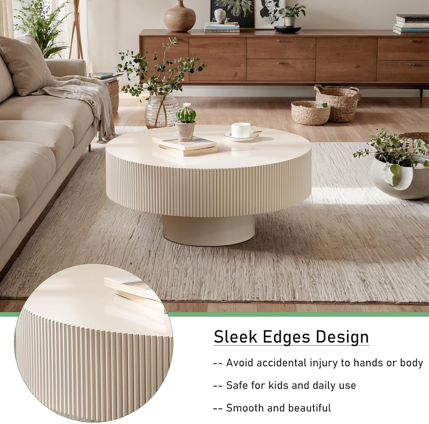 Modern Drum Fluted Round Coffee Table for Living Room, Unique Accent Fluted Drum Coffee Table, Contemporary Minimalist Low Circle Tea Tables for Farmhouse Apartment (B)
